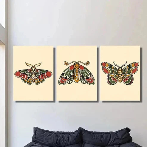 3pcs Retro Colorful Death Head Moth Skull Wall Art Canvas Unframed – High Quality Print 100% Australian Made Wall Canvas