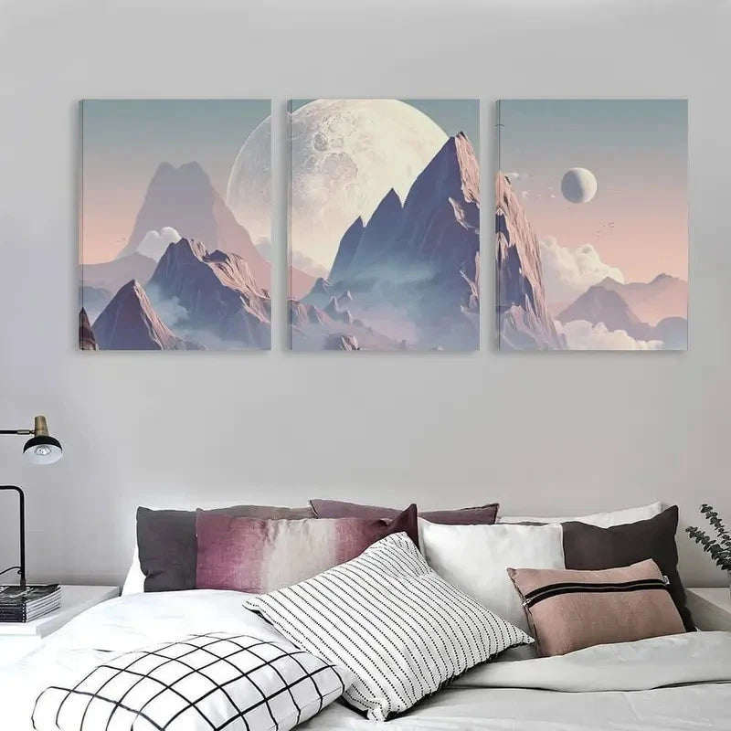 3pcs Everest Mountain Under A Giant Moon Wall Art Set Canvas Framed 60x90cm - High Quality Print 100% Australian Made Wall Canvas Ready to Hang