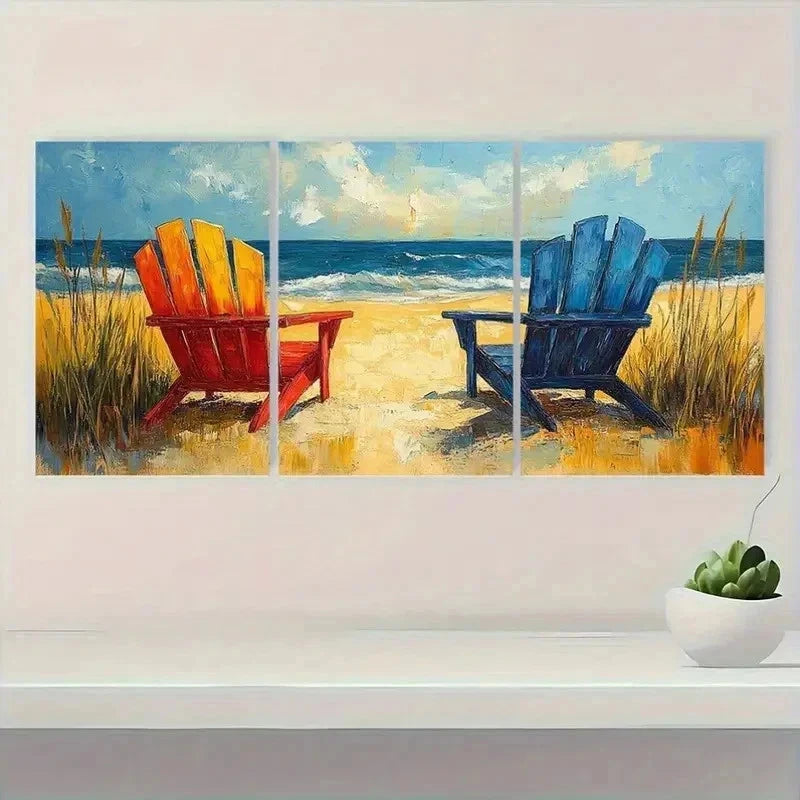 3pcs Abstract Vibrant Beach Chair i Wall Art Set Canvas Framed 60x90cm - High Quality Print 100% Australian Made Wall Canvas Ready to Hang