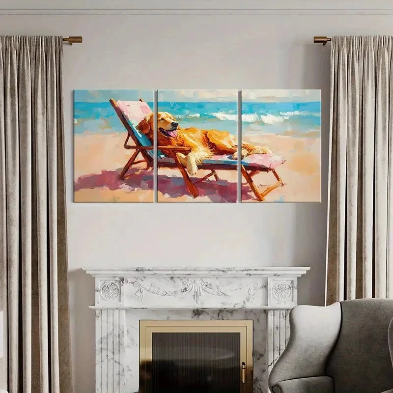 3pcs Beach Scene Golden Retriever Painting Wall Art Set Canvas Framed 60x90cm - High Quality Print 100% Australian Made Wall Canvas Ready to Hang