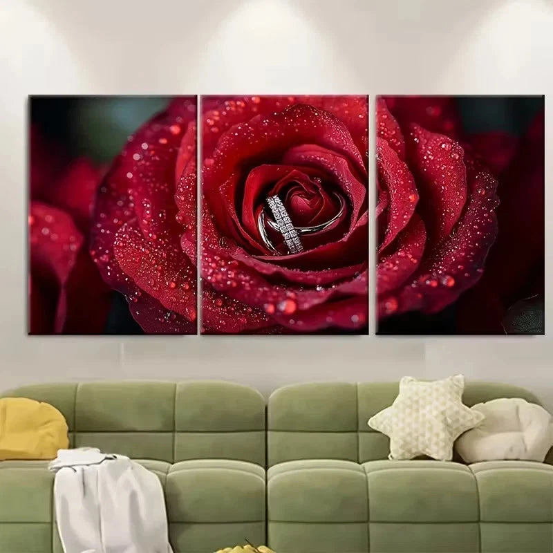 3pcs Elegant Red Rose with Wedding Rings Wall Art Set Canvas Framed 60x90cm - High Quality Print 100% Australian Made Wall Canvas Ready to Hang