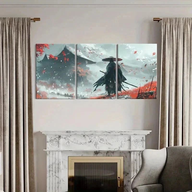 3pcs Dynamic Samurai & Autumn Leaves Wall Art Set Canvas Framed 60x90cm - High Quality Print 100% Australian Made Wall Canvas Ready to Hang
