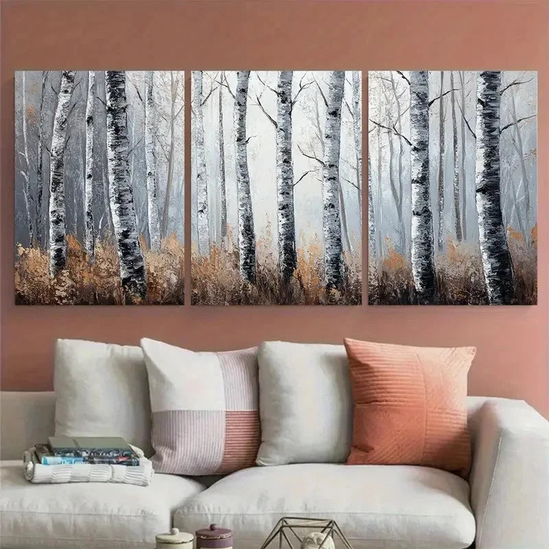 3pcs Birch Trees Tree Forest Impasto Perfect Wall Art Set Canvas Framed 60x90cm - High Quality Print 100% Australian Made Wall Canvas Ready to Hang
