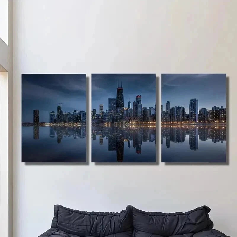 3pcs Ocean Reflection of Cityscape Skyline Wall Art Set Canvas Framed 40x60cm - High Quality Print 100% Australian Made Wall Canvas Ready to Hang