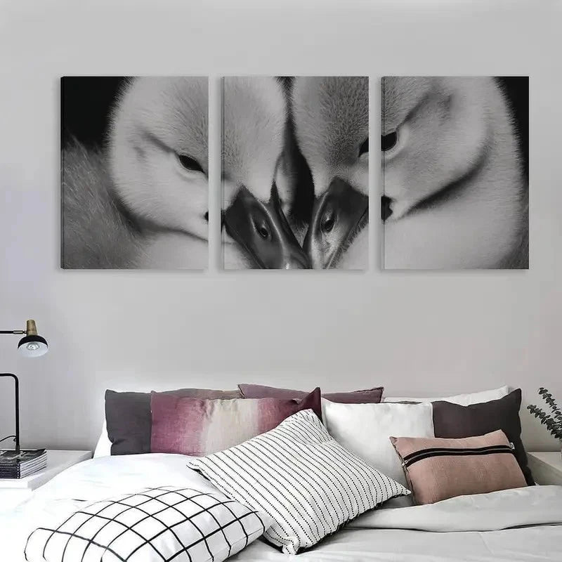 3pcs Black and White Swan Cygnets Cuddling Wall Art Set Canvas Framed 40x60cm - High Quality Print 100% Australian Made Wall Canvas Ready to Hang