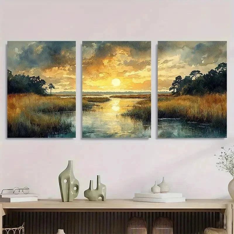 3pcs Lowcountry Marsh Landscape Perfect Wall Art Set Canvas Framed 40x60cm - High Quality Print 100% Australian Made Wall Canvas Ready to Hang