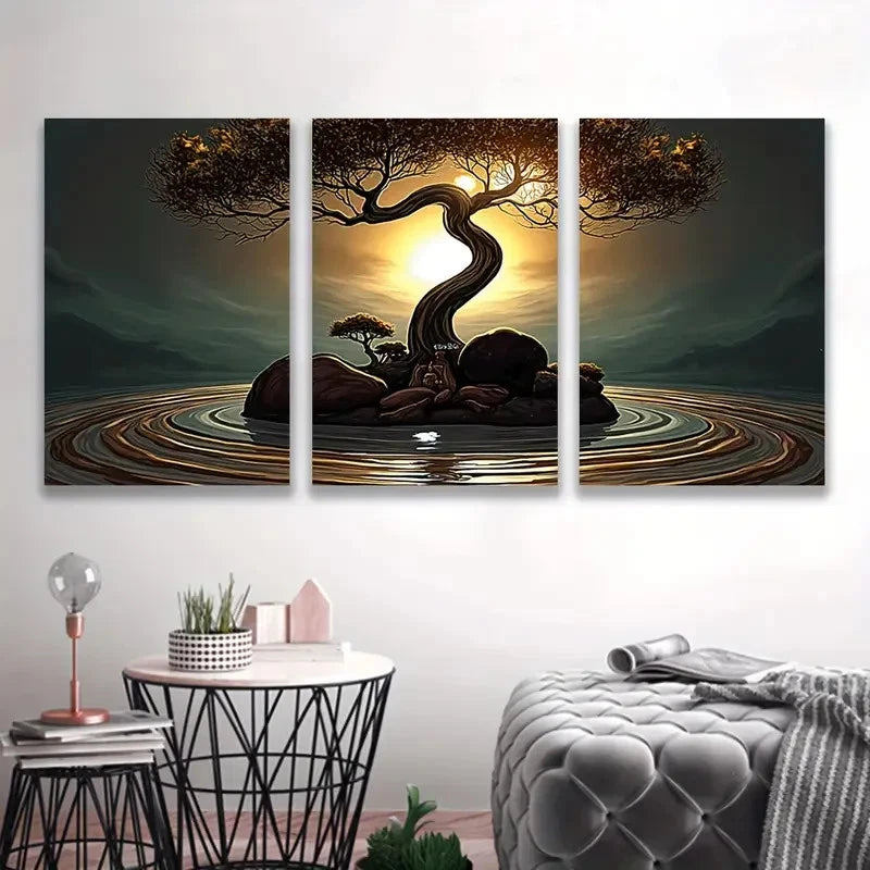 3pcs Bonsai Tree Sunset Vertical Nature Scenes Wall Art Set Canvas Framed 50x70cm - High Quality Print 100% Australian Made Wall Canvas Ready to Hang