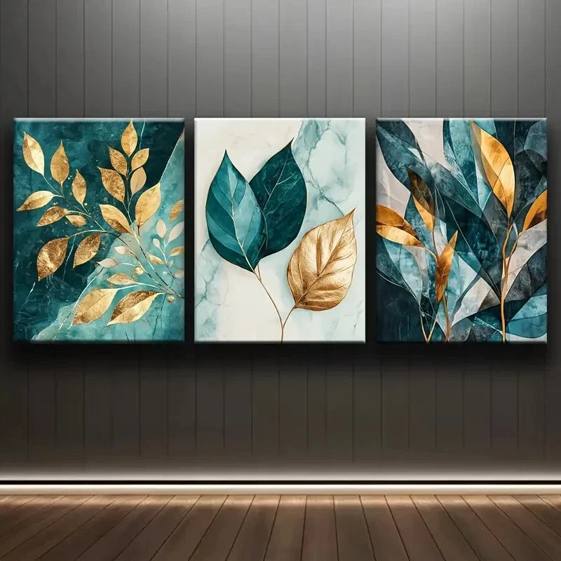 3pcs Elegant Blue And Golden Leaf Wall Art Set Canvas Framed 40x60cm - High Quality Print 100% Australian Made Wall Canvas Ready to Hang