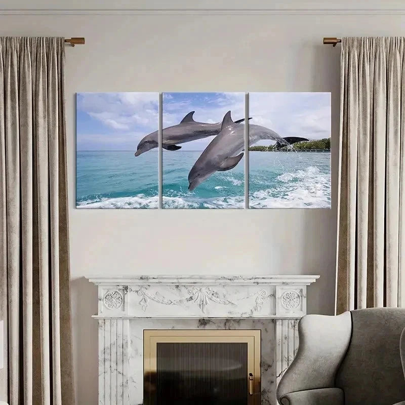 3pcs Dolphins Jumping Out Of The Sea Wall Art Set Canvas Framed 40x60cm - High Quality Print 100% Australian Made Wall Canvas Ready to Hang