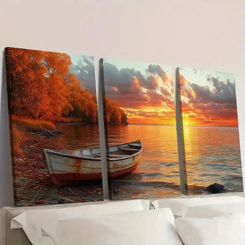 3pcs Serene Lake Scenery with Wooden Boat Wall Art Set Canvas Unframed - High Quality Print 100% Australian Made Wall Canvas