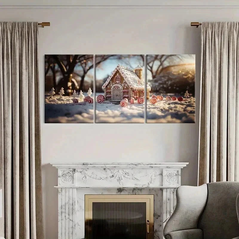3pcs Christmas Winter Candy House Wall Art Set Canvas Framed 40x60cm - High Quality Print 100% Australian Made Wall Canvas Ready to Hang
