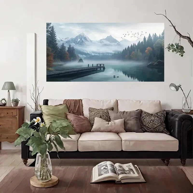 Mountain Lake Dock Birds Wall Art Canvas Office Home Room Framed 120x60cm