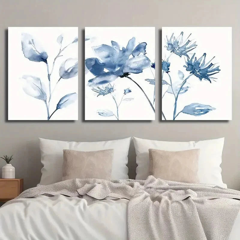 3pcs Botanical Decor with White and Blue Flowers Wall Art Set Canvas Framed 40x60cm - High Quality Print 100% Australian Made Wall Canvas Ready to Hang