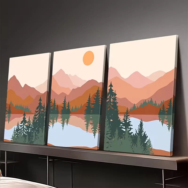 3pcs Abstract Mountains, Lakes, and Trees Wall Art Set Canvas Framed 40x60cm – High Quality Print, 100% Australian Made, Ready to Hang