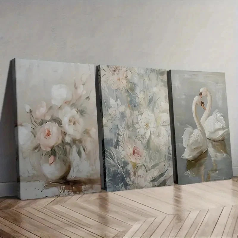3pcs Romantic Swan and Floral Wall Art Set Canvas Framed 60x90cm - High Quality Print 100% Australian Made Wall Canvas Ready to Hang