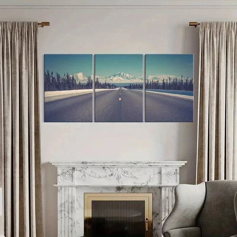3pcs Snowy Mountains Road and Trees Wall Art Set Canvas Framed 40x60cm - High Quality Print 100% Australian Made Wall Canvas Ready to Hang