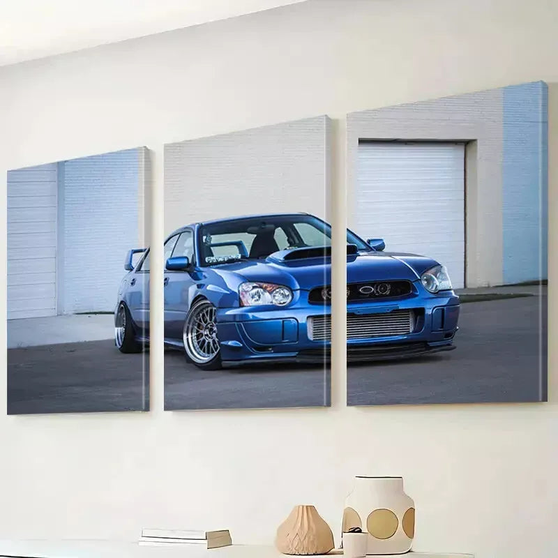 3pcs Classic Retro Minimalist Anime Blue Car Wall Art Set Canvas Framed 50x70cm - High Quality Print 100% Australian Made Wall Canvas Ready to Hang