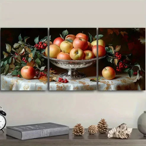 3pcs Silver Bowl Brimming with Apples Wall Art Set Canvas Unframed - High Quality Print 100% Australian Made Wall Canvas