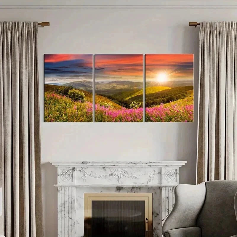 3pcs Mountain Wildflowers and Sunset Wall Art Set Canvas Framed 40x60cm - High Quality Print 100% Australian Made Wall Canvas Ready to Hang