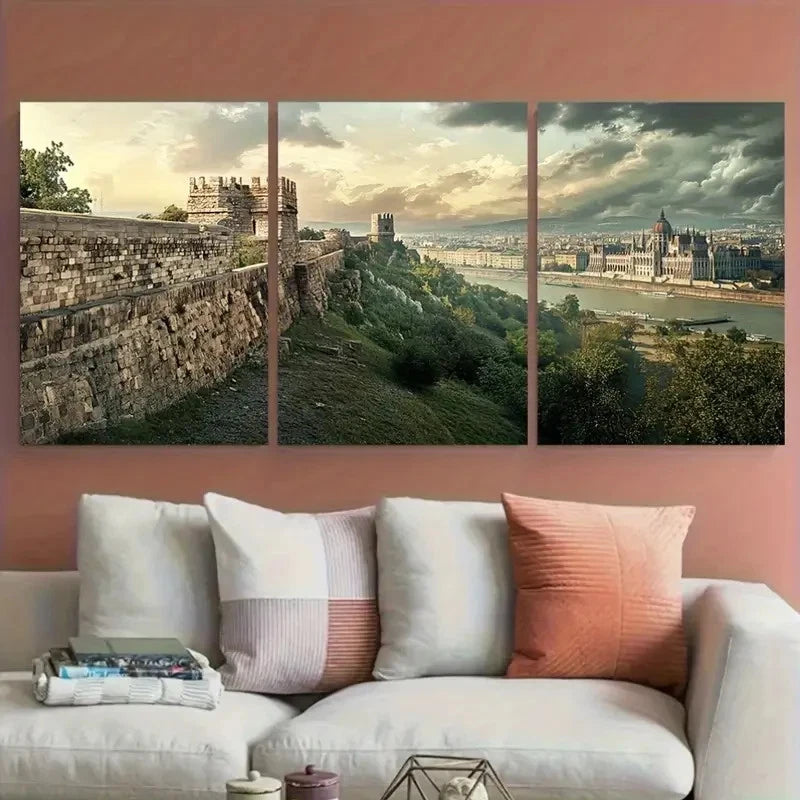 3pcs Vibrant Cityscape & Castle View Perfect Wall Art Set Canvas Framed 40x60cm - High Quality Print 100% Australian Made Wall Canvas Ready to Hang