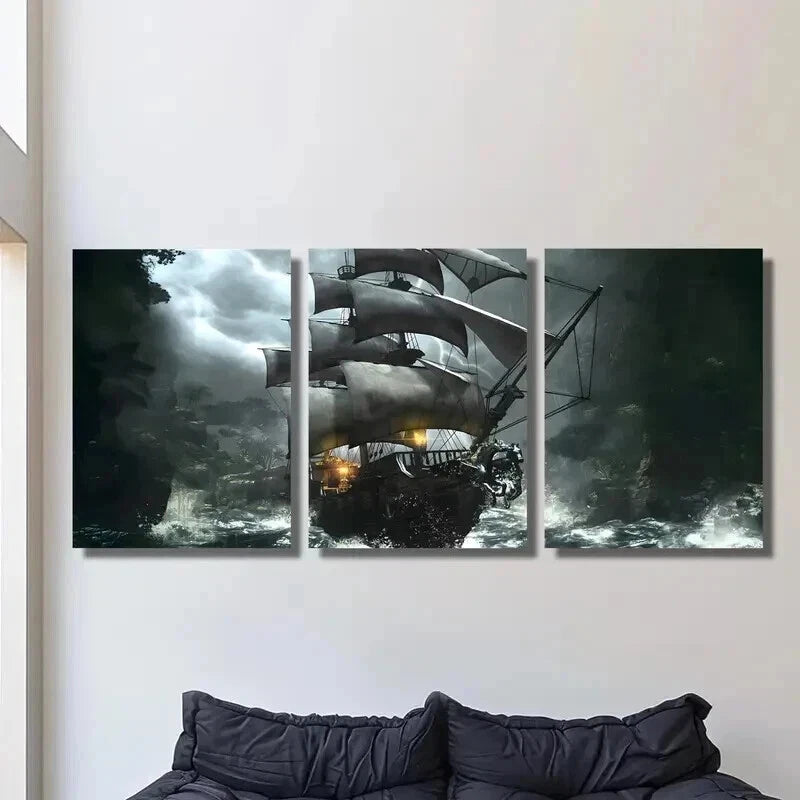 3pcs Fantasy Pirate Ship in Storm Theme Wall Art Set Canvas Framed 40x60cm - High Quality Print 100% Australian Made Wall Canvas Ready to Hang