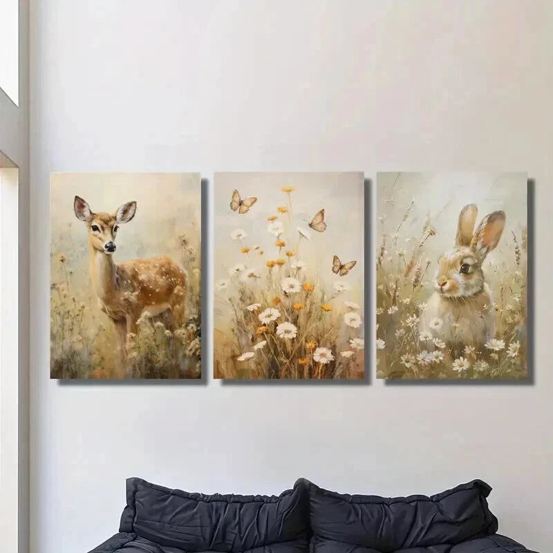 3pcs Deer And Bunny Scenery in Flower Field Wall Art Set Canvas Framed 40x60cm - High Quality Print 100% Australian Made Wall Canvas Ready to Hang