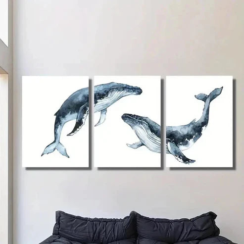 3pcs Blue Nautical Marine Life Whale Decor Wall Art Set Canvas Unframed - High Quality Print 100% Australian Made Wall Canvas