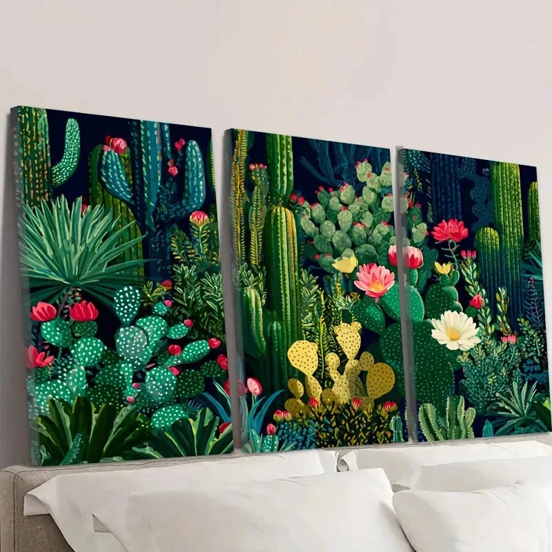 3pcs Navy Cactus Wall Art Set Canvas Framed 60x90cm - High Quality Print 100% Australian Made Wall Canvas Ready to Hang