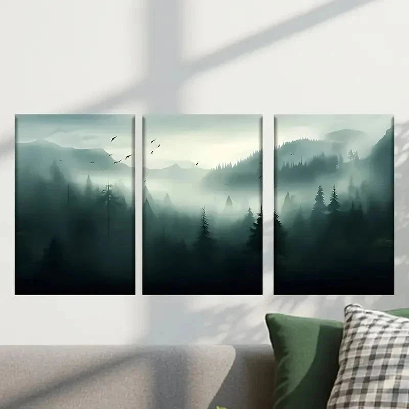 3pcs Misty Forest with Birds Flying Over Wall Art Set Canvas Framed 40x60cm - High Quality Print 100% Australian Made Wall Canvas Ready to Hang