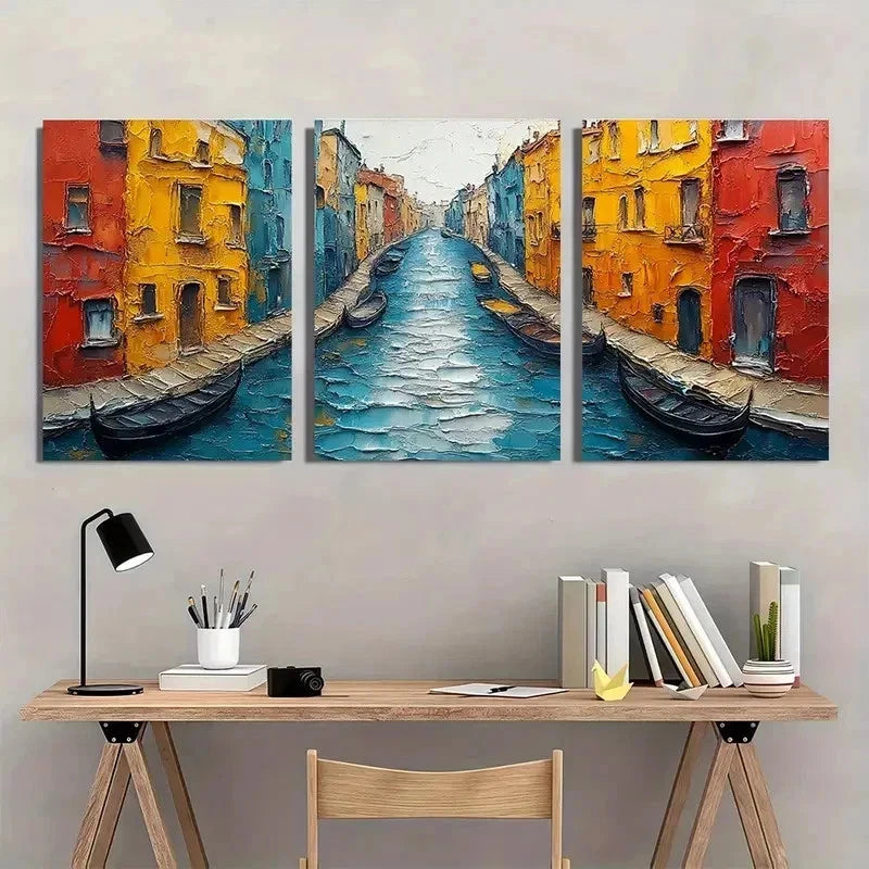 3pcs Gondolas Colorful Buildings Vibrant Perfect Wall Art Set Canvas Framed 40x60cm - High Quality Print 100% Australian Made Wall Canvas Ready to Hang