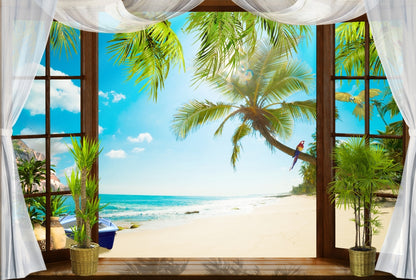Wallpaper Murals Peel and Stick Removable Beach View Through Window High Quality