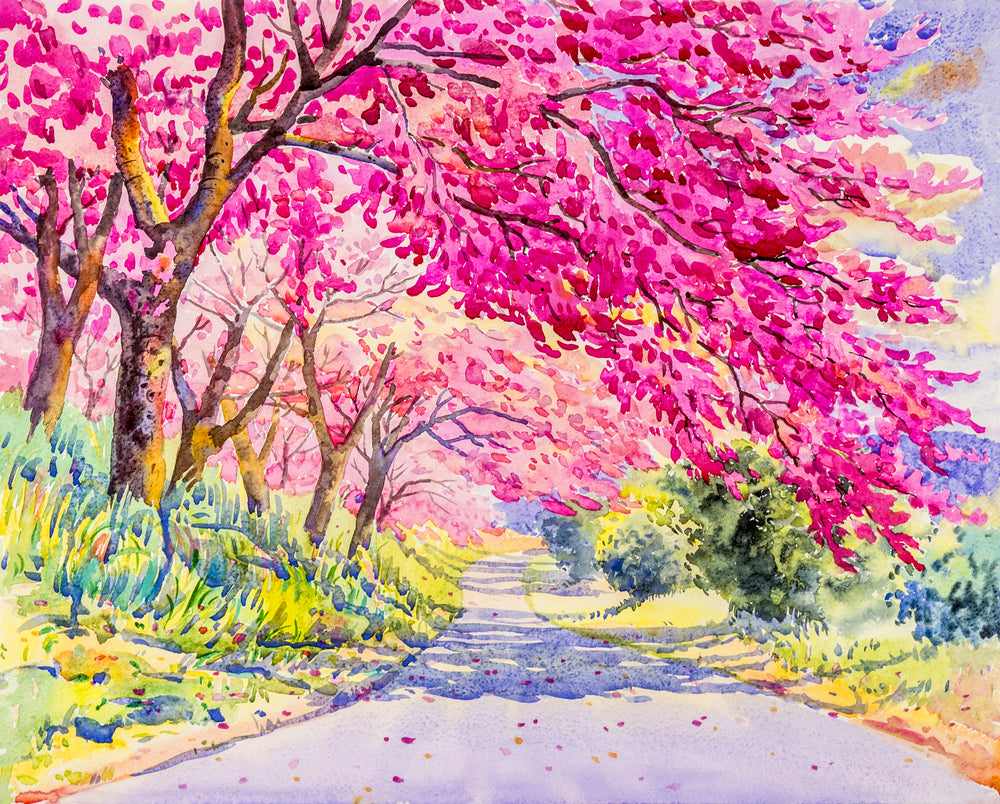 Pink Flower Trees & Road Painting Home Decor Premium Quality Poster Print Choose Your Sizes