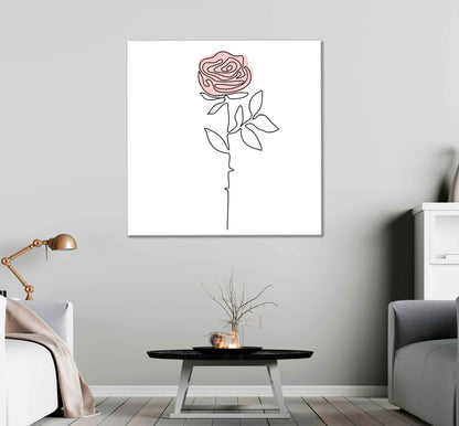 Square Canvas Pink Rose & Leaves Line Art Vector Design High Quality Print 100% Australian Made