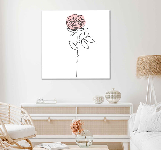 Square Canvas Pink Rose & Leaves Line Art Vector Design High Quality Print 100% Australian Made