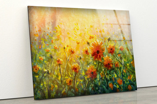Orange Flower Field Watercolor Painting Acrylic Glass Print Tempered Glass Wall Art 100% Made in Australia Ready to Hang
