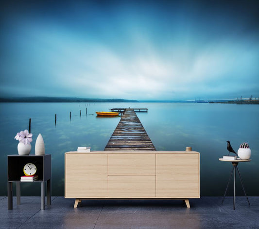 Wallpaper Murals Peel and Stick Removable Wooden Pier Over Lake High Quality