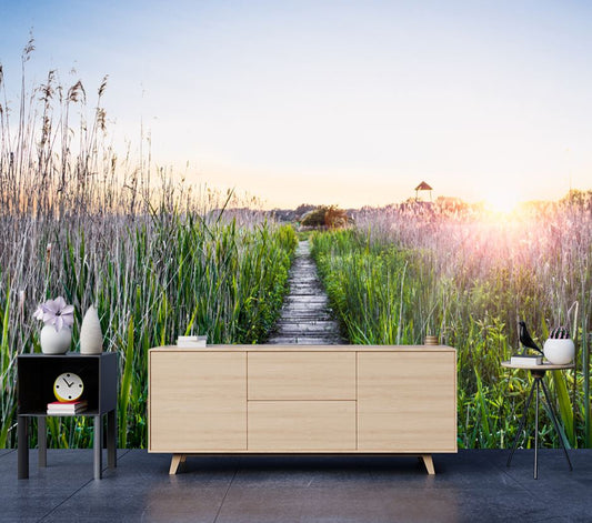 Wallpaper Murals Peel and Stick Removable Wooden Path Between Grass High Quality