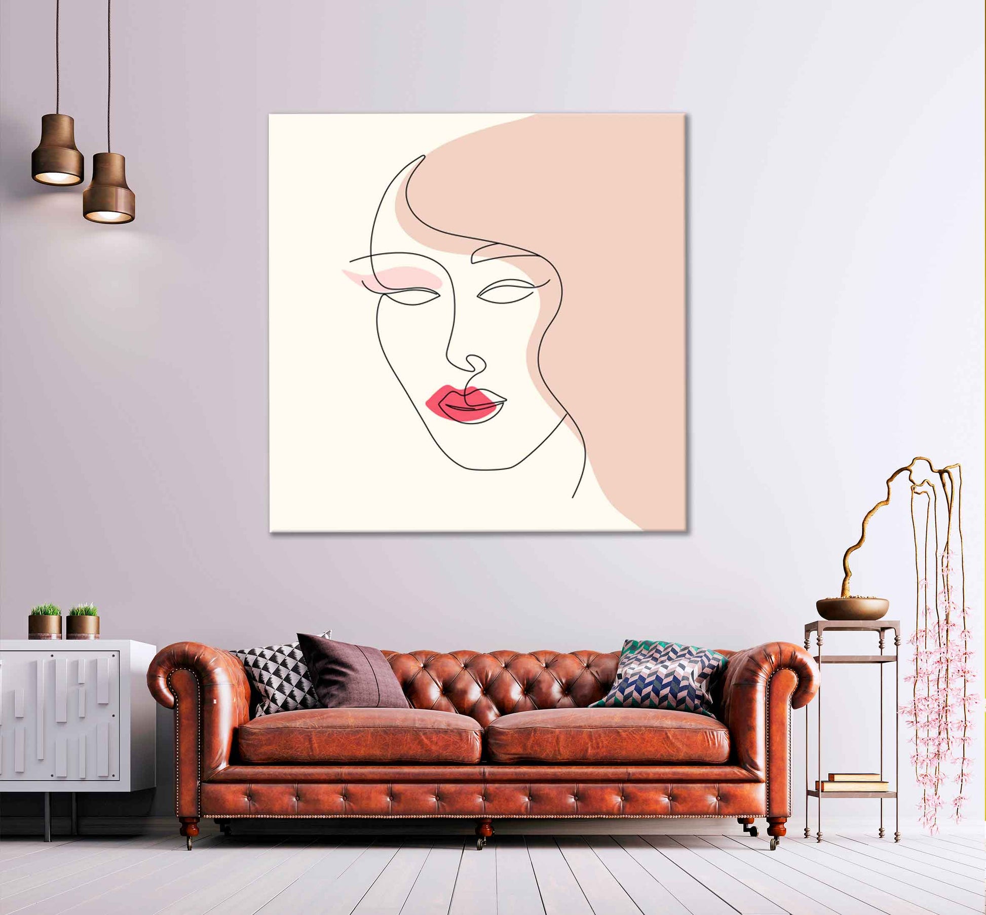 Square Canvas Red Lips & Girl Face Line Art Design High Quality Print 100% Australian Made