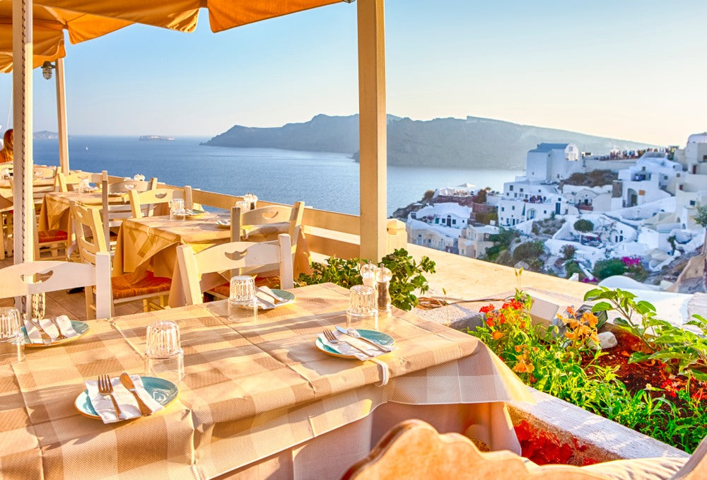 Open Air Cosy Restaurant in Oia Village on Santorini Island Photograph Print 100% Australian Made