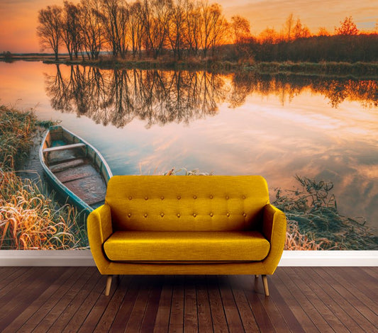 Wallpaper Murals Peel and Stick Removable Boat on Stunning Lake Scenery High Quality