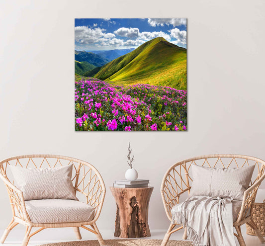 Square Canvas Pink Rhododendron Flowers & Mountains High Quality Print 100% Australian Made