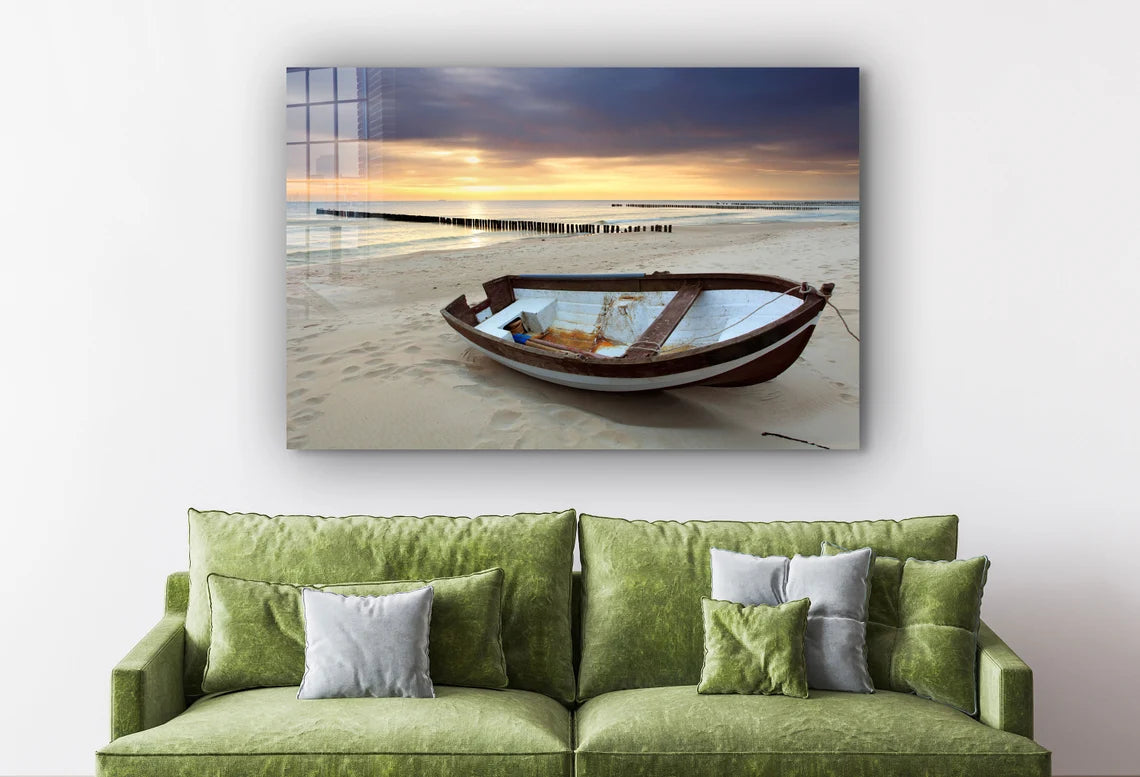 Boat near Sunset Beach Print Tempered Glass Wall Art 100% Made in Australia Ready to Hang