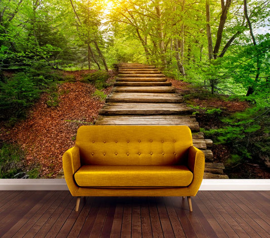 Wallpaper Murals Peel and Stick Removable Wooden Path in Forest High Quality