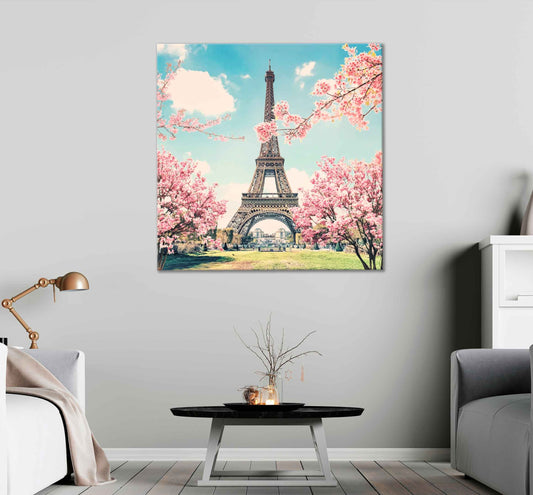 Square Canvas Eiffel Tower in Paris With Pink Flowers High Quality Print 100% Australian Made