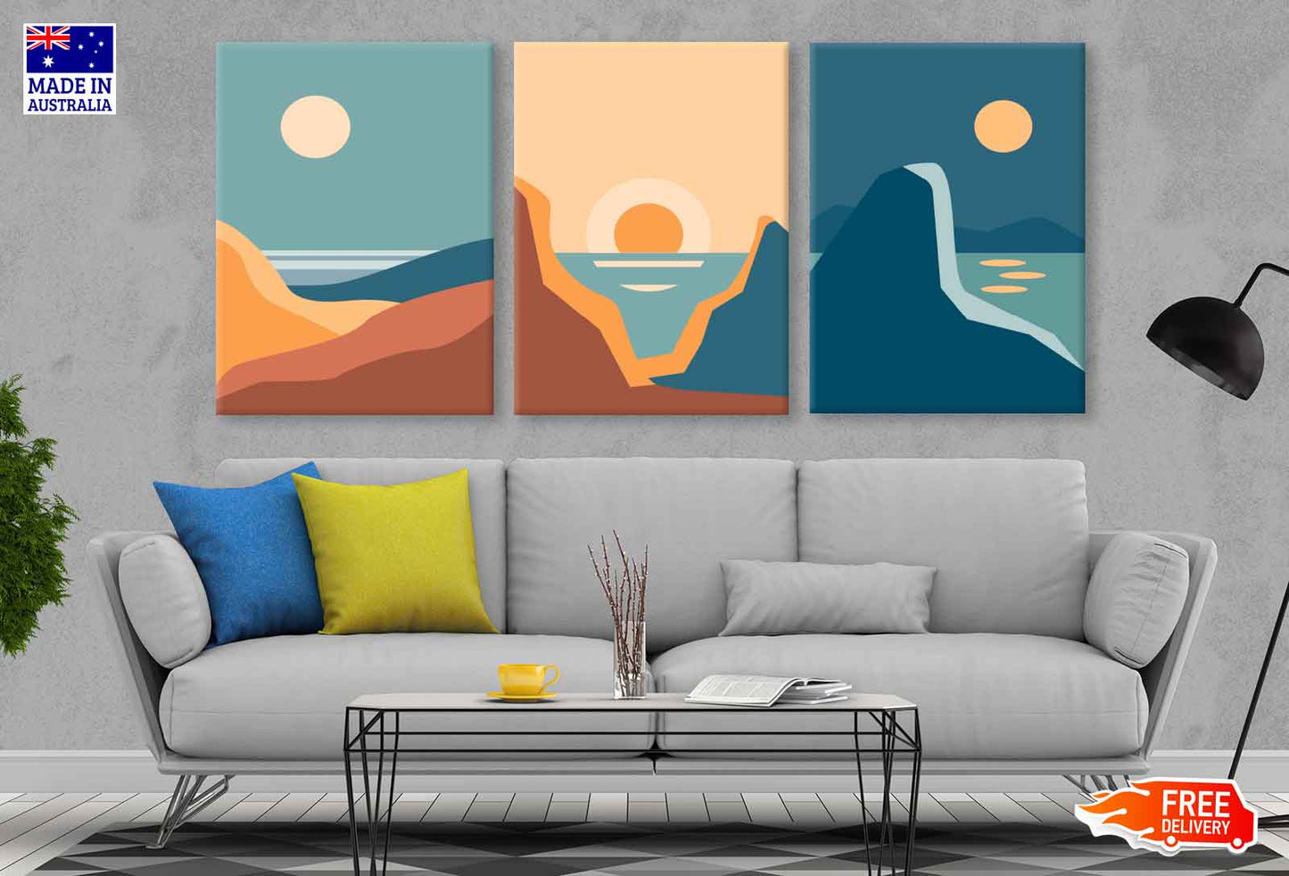 3 Set of Sea Mountain View Vector Illustration High Quality Print 100% Australian Made Wall Canvas Ready to Hang