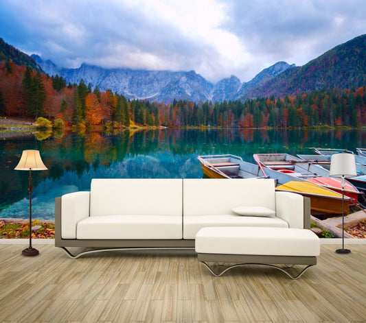 Wallpaper Murals Peel and Stick Removable Alpine Lake and Colorful Boats near Slovenian-Italy Border High Quality
