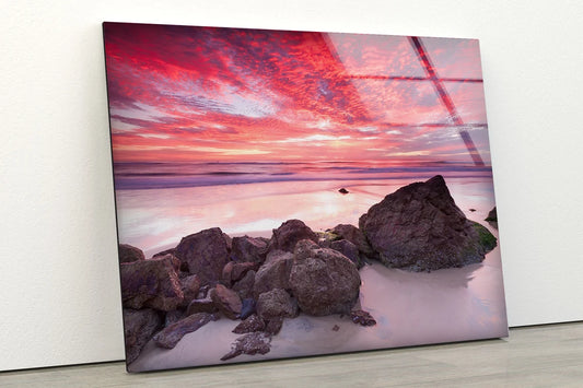 Beach with Rocks Sunset View Photograph Acrylic Glass Print Tempered Glass Wall Art 100% Made in Australia Ready to Hang