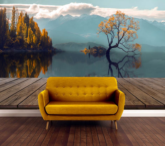 Wallpaper Murals Peel and Stick Removable Wood display shelf on Reflection lone Tree in Lake Wanaka New Zealand High Quality
