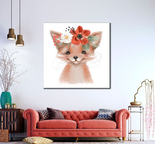Square Canvas Cute Baby Fox with Floral Headdress High Quality Print 100% Australian Made