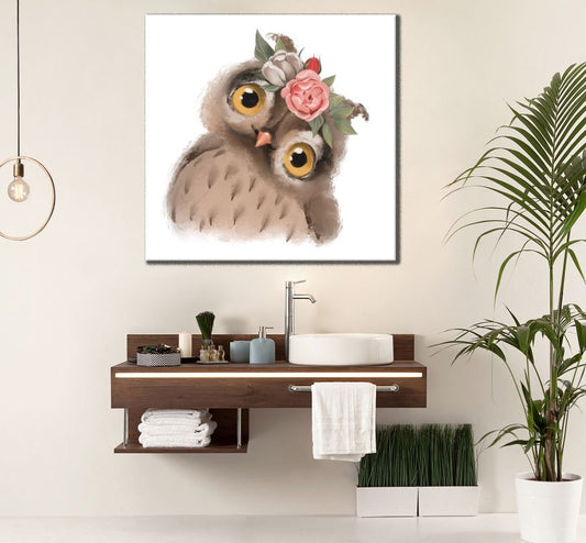Square Canvas Owl with Floral Headdress Painting High Quality Print 100% Australian Made